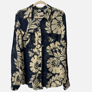 Denim & Supply Ralph Lauren Botanical Floral Linen Blend Shirt Navy Ecru Medium